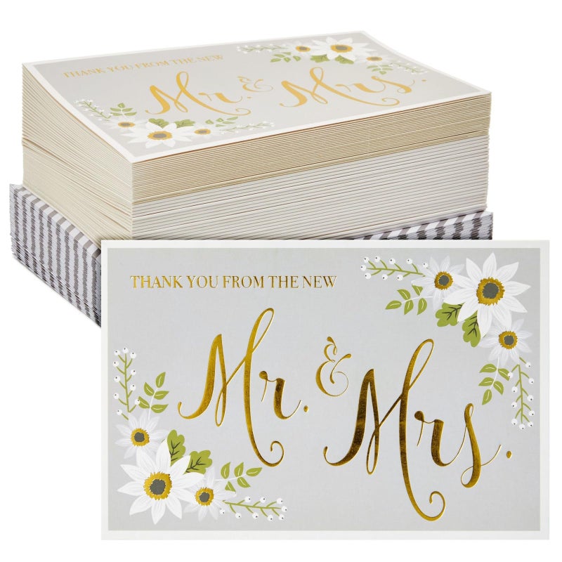 Sustainable Greetings Wedding Thank You Cards - 48-Pack Gold Foil Thank You from The New Mr. and Mrs. Greeting Card, Envelopes Included, 10.2 x 15.2 cm - Image 1